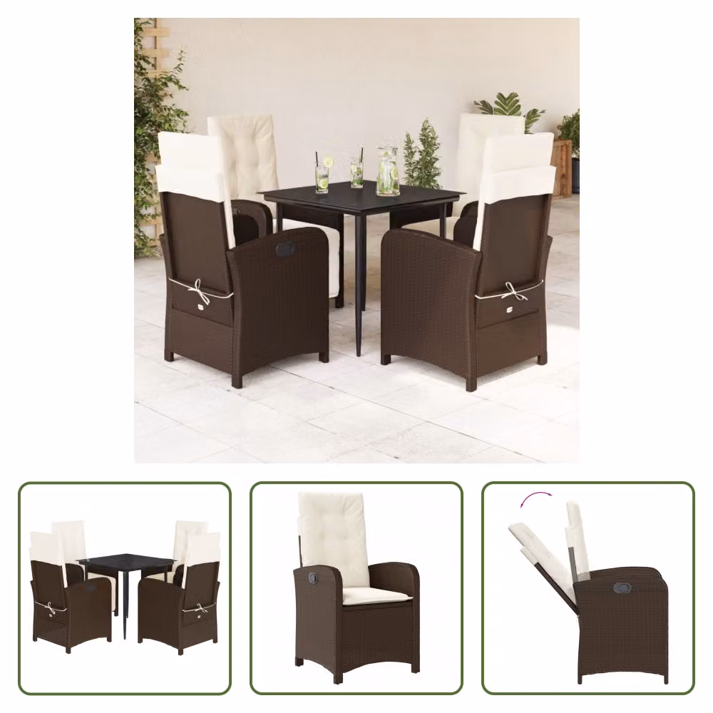 The Living Store Set da pranzo da giardino 5 pezzi con cuscini in polirattan marrone