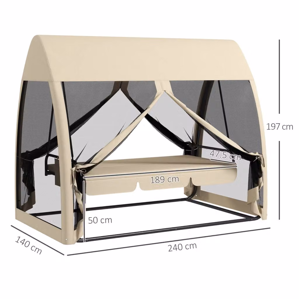 Altalena da giardino REDOM per 3 persone con baldacchino parasole e zanzariera, convertibile in letto, colore beige e marrone, L: 240 cm, P: 140 cm, H: 197 cm – 2