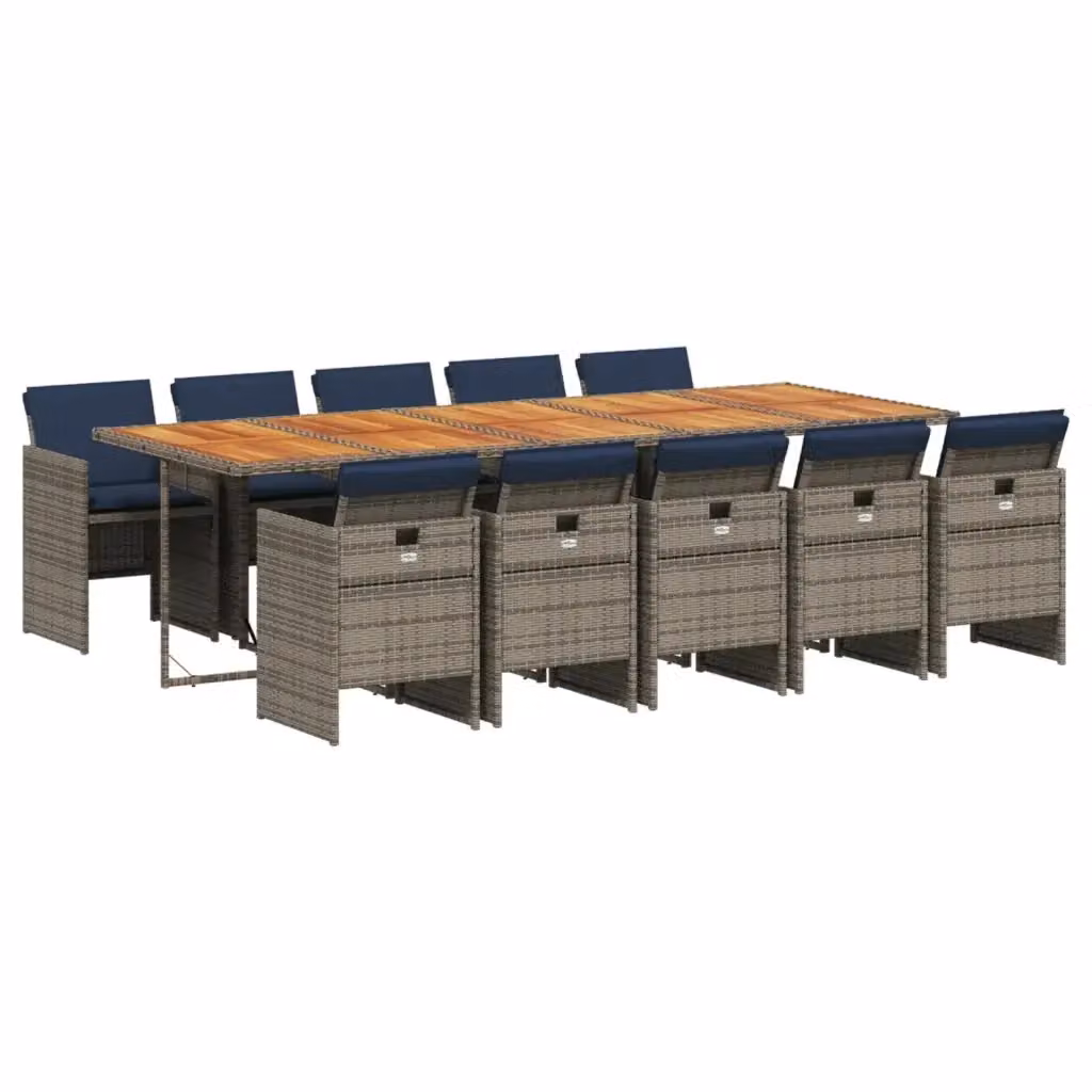 Set da pranzo da giardino vidaXL in polyrattan e legno di acacia da 11 pezzi con cuscini, tavolo rettangolare estensibile e sedie, colori grigio, marrone o blu – 2