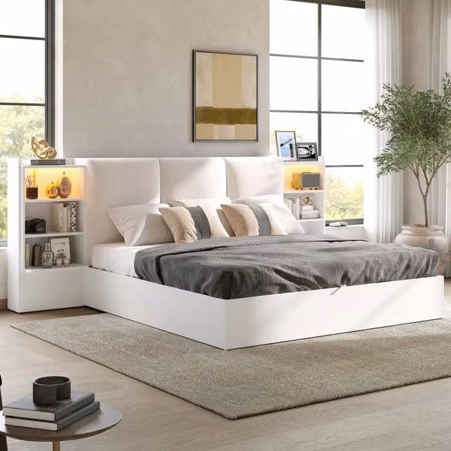 Letto contenitore 180 x 200 cm con contenitori, sistema idraulico e LED 7 colori, letto matrimoniale bianco con testiera imbottita e 6 vani laterali