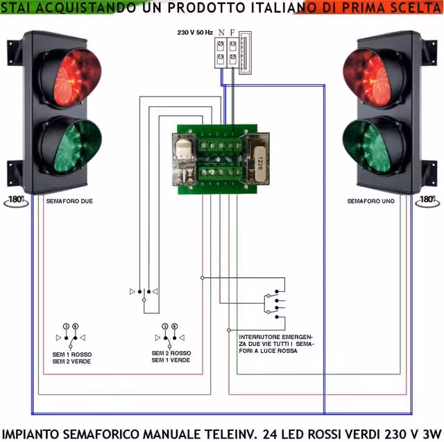 Kit Semafori Orientabili Securvera per Transito Condominio e Garage con 24 Led Rossi e 24 Led Verdi, Lente Ø 124 mm, Colore Nero, Alimentazione 230 V, IP65 – 1