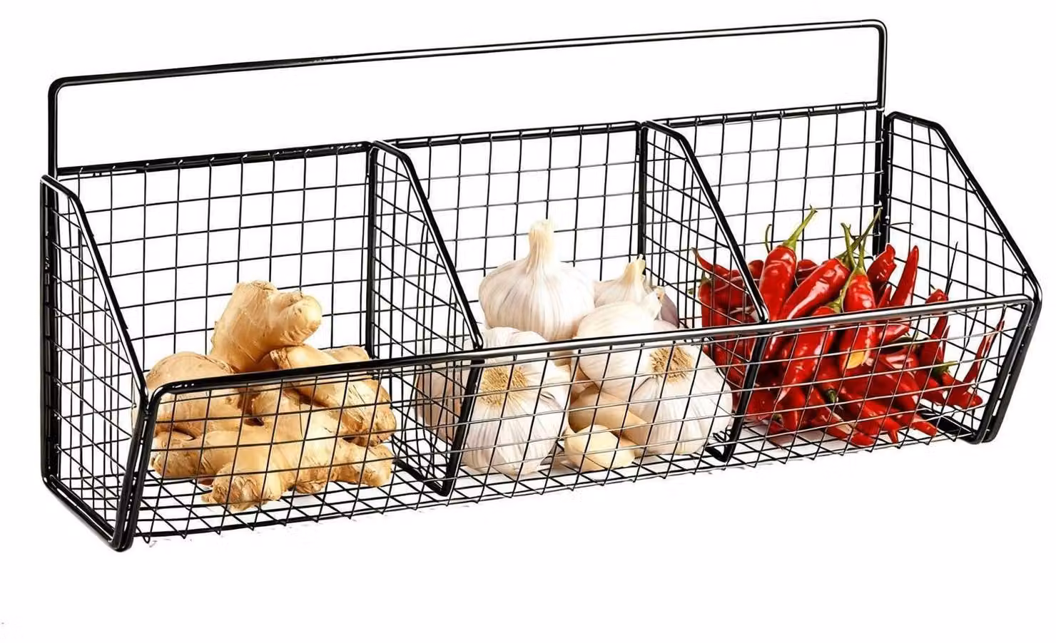 Cesto portabiancheria in metallo nero con 3 scomparti, cesto appendibile per la cucina, senza necessità di foratura