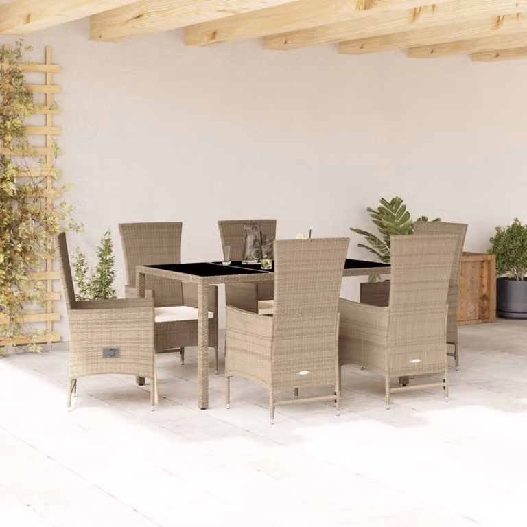 Set da pranzo da giardino vidaXL in polyrattan con cuscini beige e legno di acacia, 7 pezzi