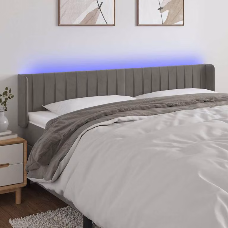 Testiera per letto vidaXL in velluto grigio con illuminazione LED e porta USB, L: 163 cm, P: 16 cm, H: 78-88 cm