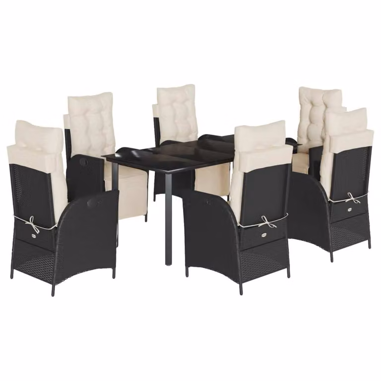 Set da Pranzo da Giardino 7 pz Nero con Cuscini in Polyrattan