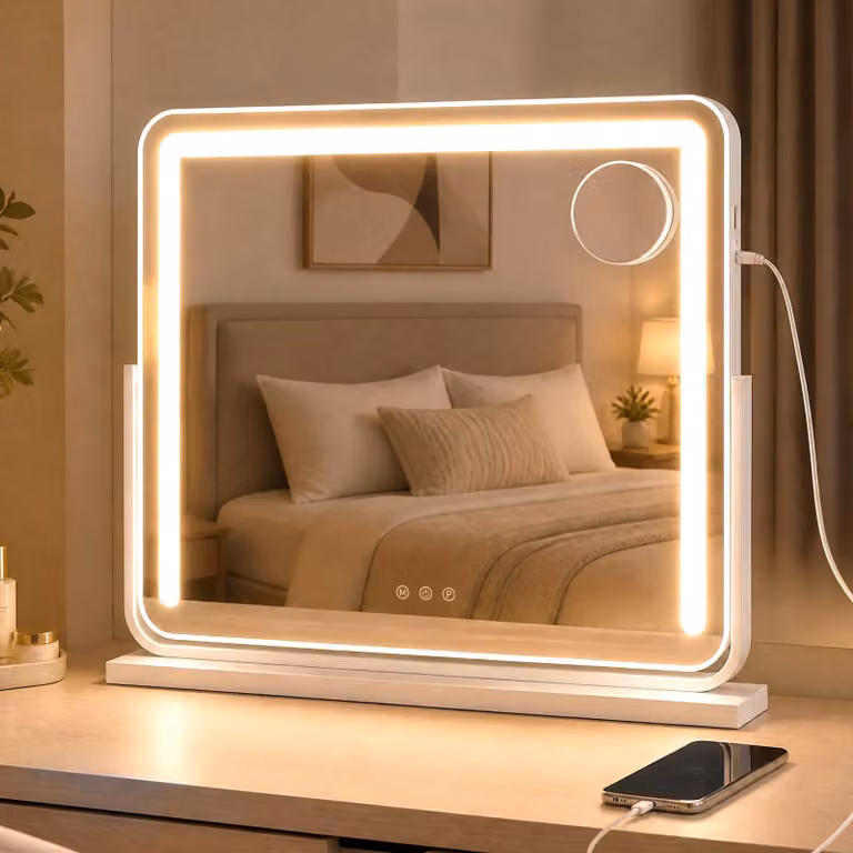 Specchio da trucco illuminato COSTWAY, specchio per il trucco 57x48 cm con 3 colori, ingrandimento 10x e controllo touch, specchio "Hollywood" dimmerabile e girevole
