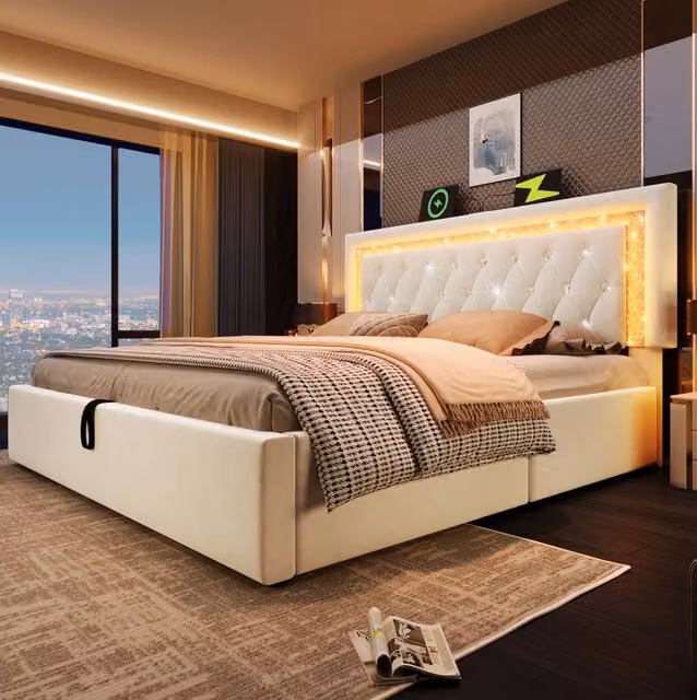 Letto imbottito 140x200 cm con contenitore; LED e ricarica USB Type-C in velluto beige