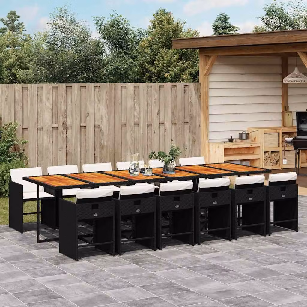 Set da pranzo da giardino vidaXL in polyrattan nero con cuscini e tavolo in legno di acacia per 13 persone