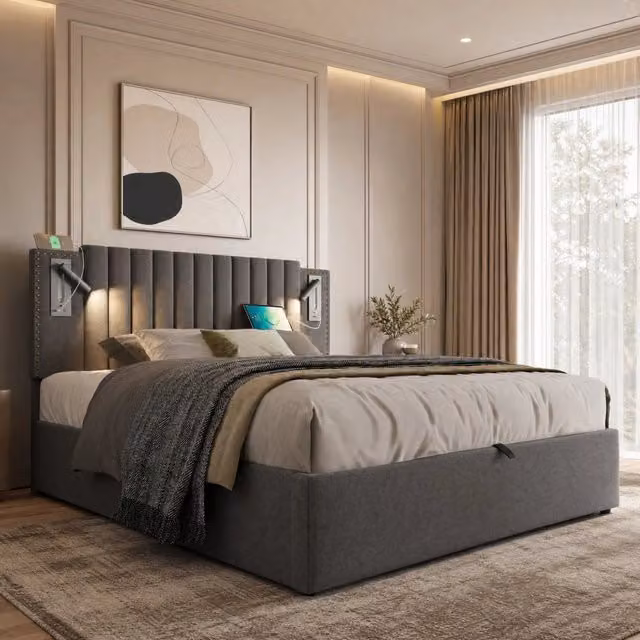 Letto matrimoniale 140x200 cm con contenitore; testiera regolabile; luce lettura e USB-Type-C; grigio