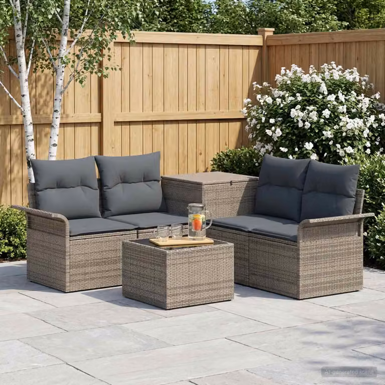 Set di divani da giardino vidaXL a forma di L con tavolino e pouf, 6 pezzi, Grigio e Antracite