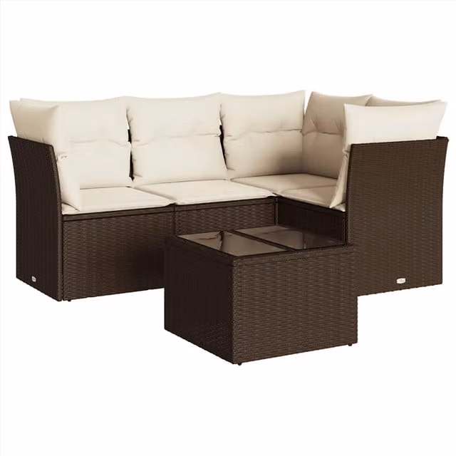 Set Divano da Giardino 5 pz | Set Salotto da Giardino con Cuscini Marrone in Polyrattan