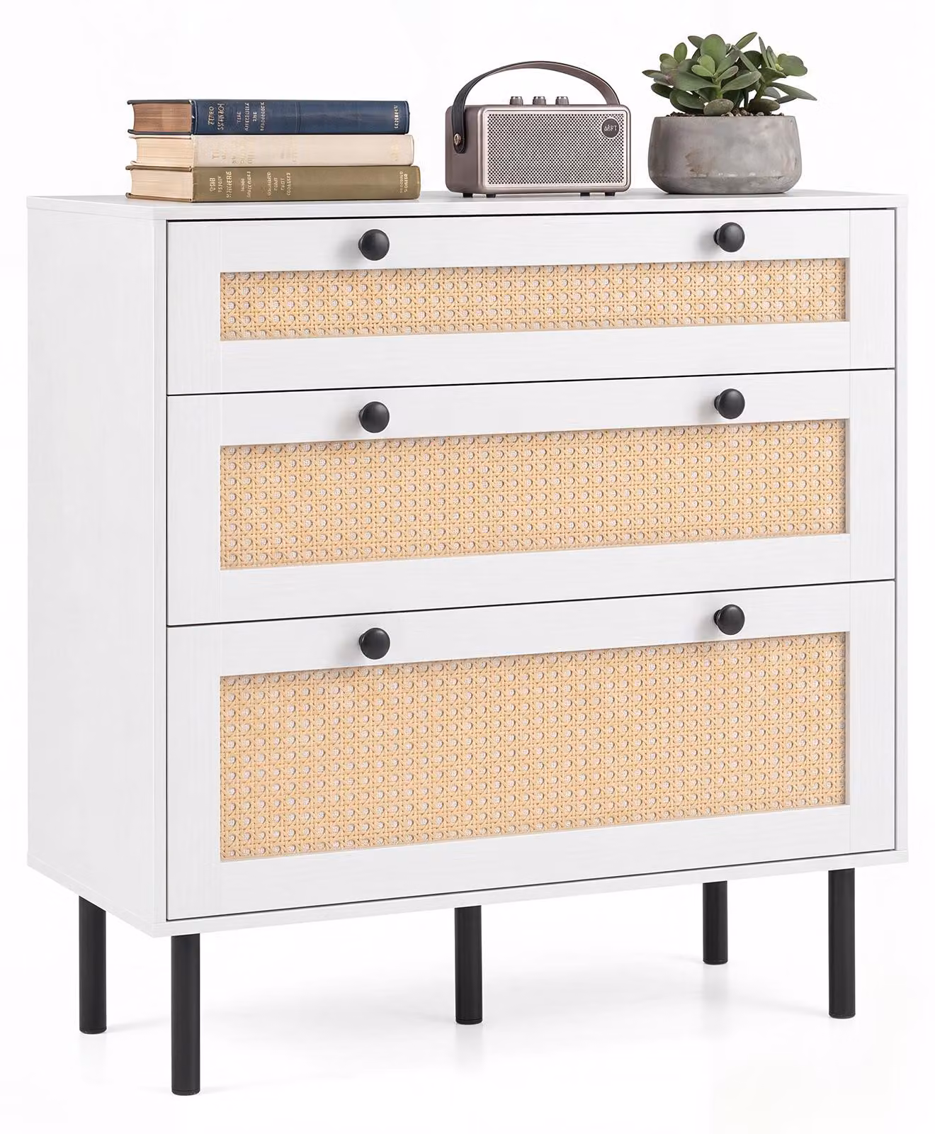 COSTWAY, cassettiera in rattan con 3 cassetti, mobiletto contenitore con 5 gambe, dimensioni 75 x 35 x 77,5 cm, colore bianco