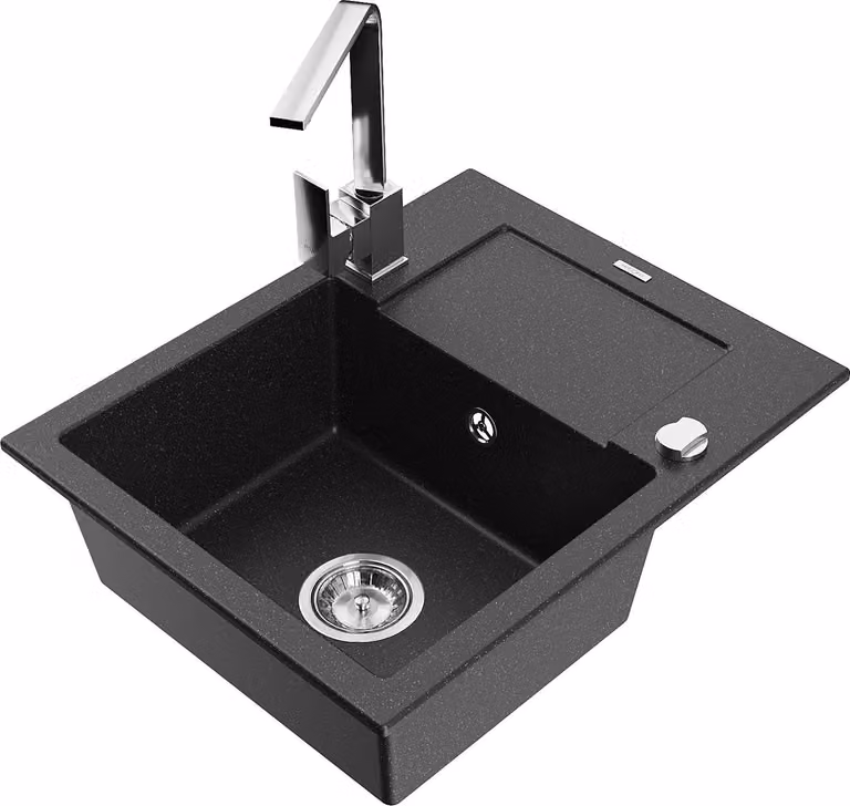 Mexen Enzo lavello in granito a 1 vasca con scolapiatti e rubinetto da cucina Rita, nero/metallico argento - 6506-73-670300-00