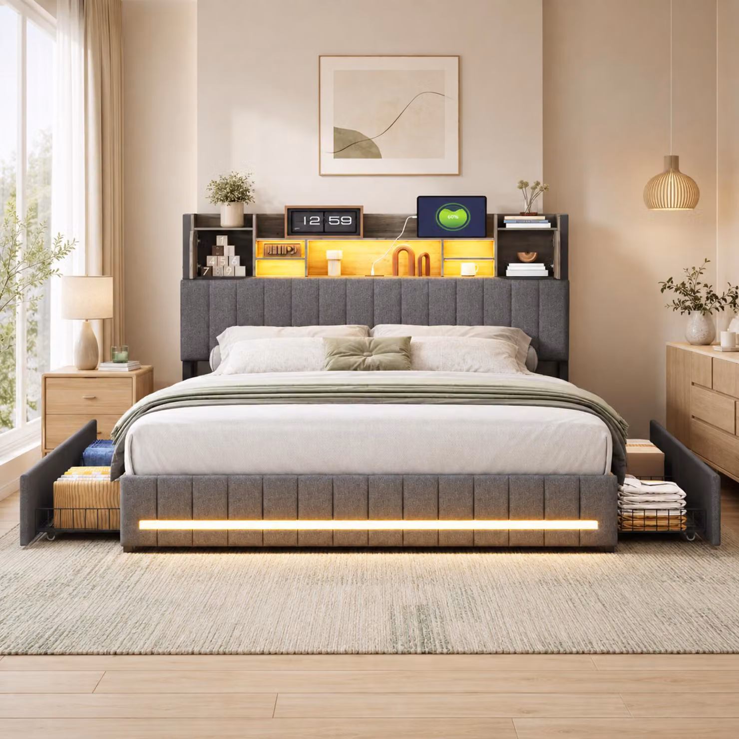 Letto matrimoniale INONEFT 140x190 cm con 4 cassetti, imbottito con illuminazione LED, testiera con spazio contenitivo e porta USB Type-C, struttura del letto con rete a doghe, colore grigio lino