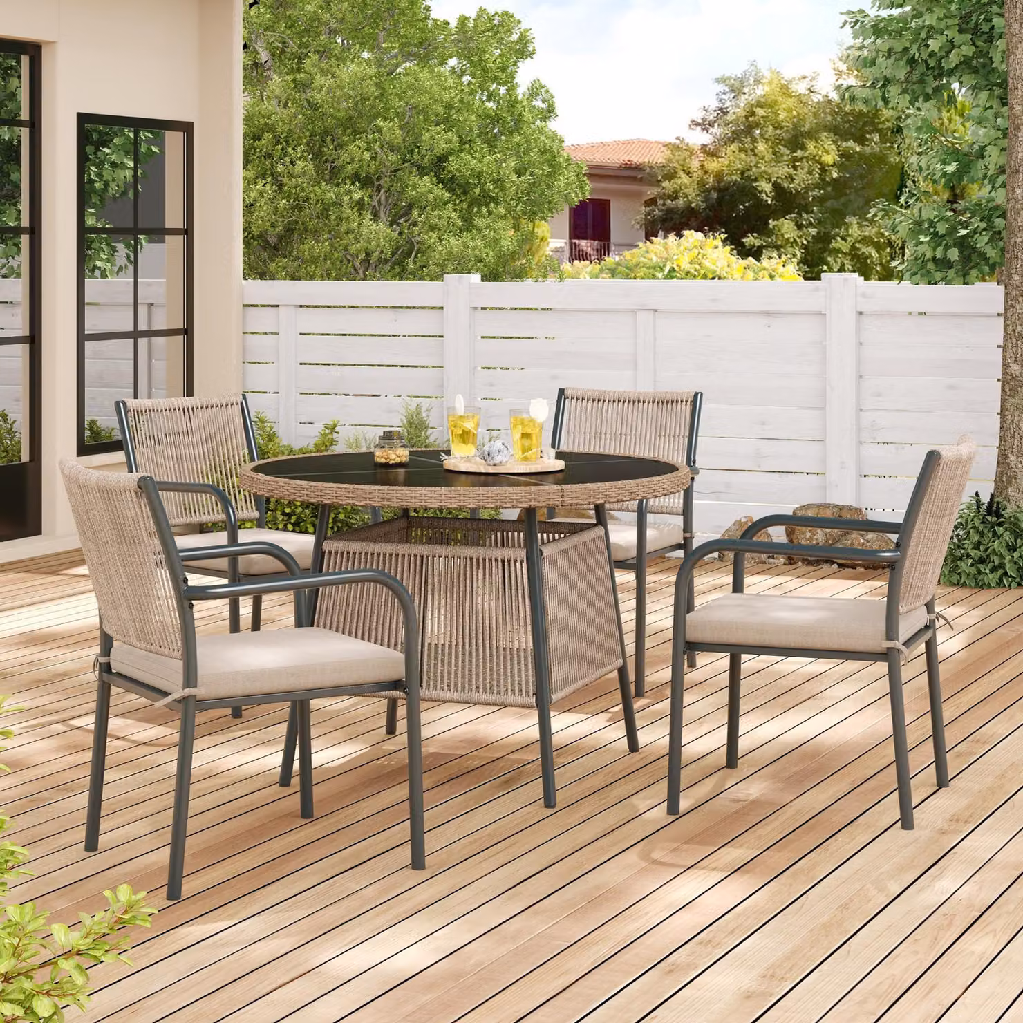 Set da giardino in rattan Flieks, 5 pezzi, per 4 persone, 4 sedie da pranzo con tavolo rotondo in vetro, set da giardino con struttura in ferro, grigio