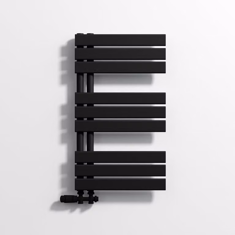 Radiatore da bagno, finitura nera opaca, dimensioni 800 x 450 mm, con attacco laterale, ideale per il bagno