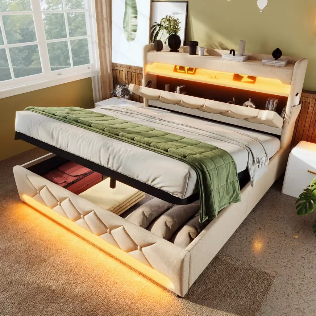 Letto Contenitore REDOM in Lino Beige con Illuminazione LED, Porte USB e Ripiano Laterale L/P/H: 180 x 200 x 111 cm – 2
