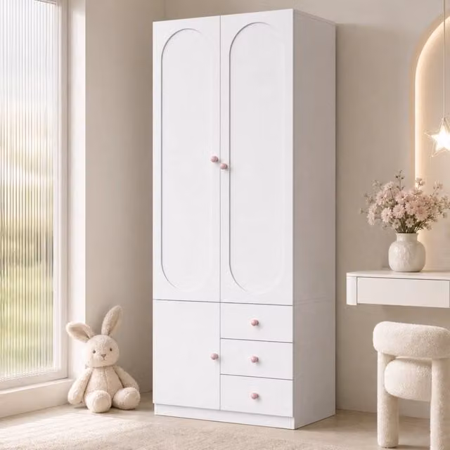 Desviae Armadio a 2 ante con 3 cassetti e barra appendiabiti in MDF bianco con maniglie in ceramica rosa 80 × 50 × 200 cm