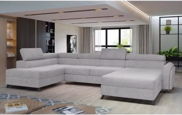 Divano panoramico a U Meublorama Clotis Grigio con funzione letto, poggiatesta regolabile e pouf coordinato, angolo sinistro