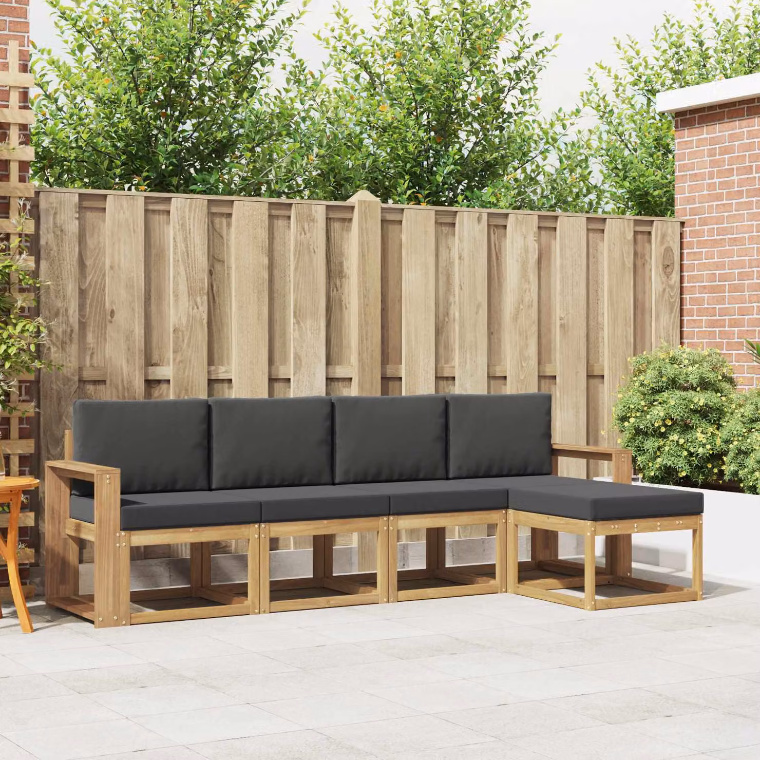 vidaXL Set di divani da esterno a L in legno di acacia con pouf, 5 pezzi, Bianco e Antracite