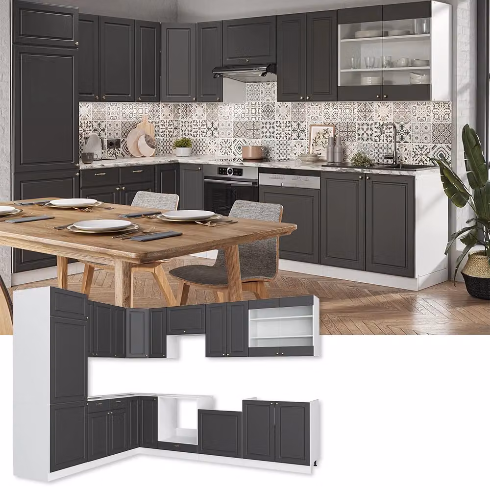 Cucina angolare moderna Fame-Line Vicco, colore Antracite-oro/Bianco con dettagli Rovere, L/P: 287 x 227 cm – 2