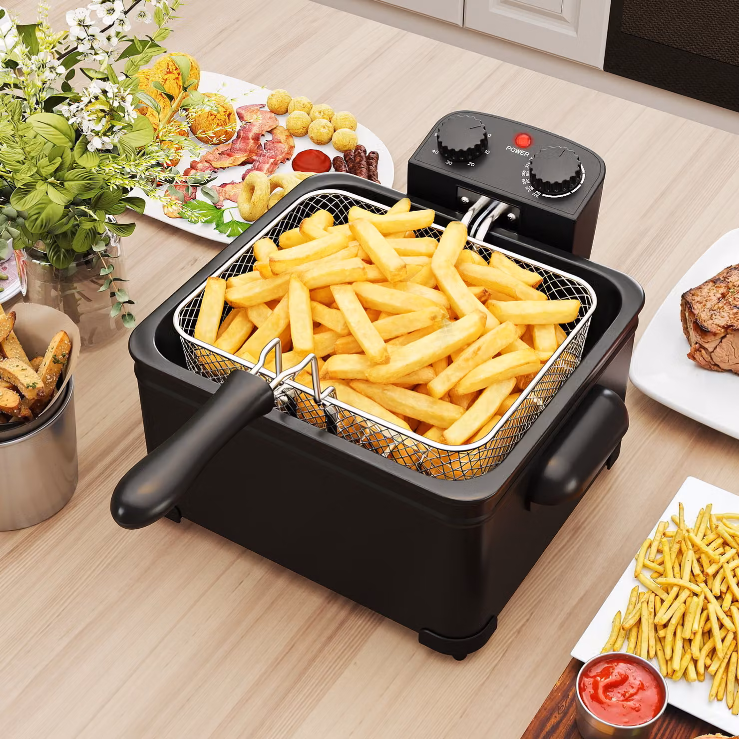 Friggitrice ad olio Costway da 5 l con 1 cestello grande e 2 piccoli, elettrica e smontabile, 1700 W, colore nero
