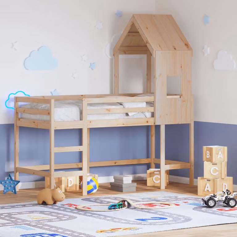 vidaXL Letto Soppalco per Bambini con Scala e Tetto in Legno Massello di Pino, Colore Marrone, L/P/H: 200 x 80 x 178 cm
