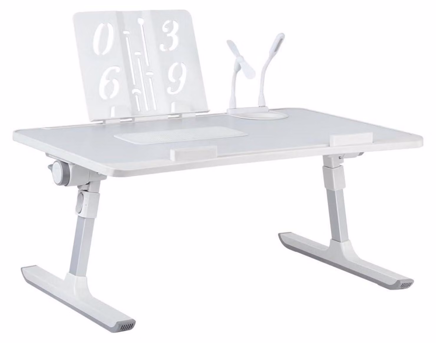 Tavolino per laptop, regolabile in altezza, pieghevole, inclinabile, con ventola di raffreddamento, porte USB, cassetto, colore grigio, dimensioni 60 x 40 x 26-39 cm