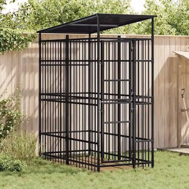 Gabbia per cani da esterno vidaXL in metallo nero con tetto resistente alle intemperie