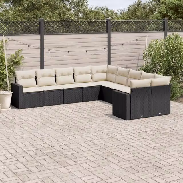 Set di Divani da Giardino a Forma di L vidaXL con Cuscini, Struttura in Metallo e Polyrattan Nero e Bianco – 1