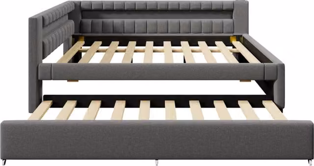 Letto Daybed con LED e letto estraibile 140x200 cm, lino grigio, USB + Type-C, senza materasso