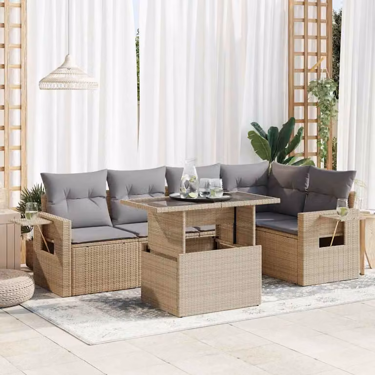 Set Divano da Giardino a L vidaXL in Polyrattan con Cuscini Beige e Tavolino, 6 Pezzi