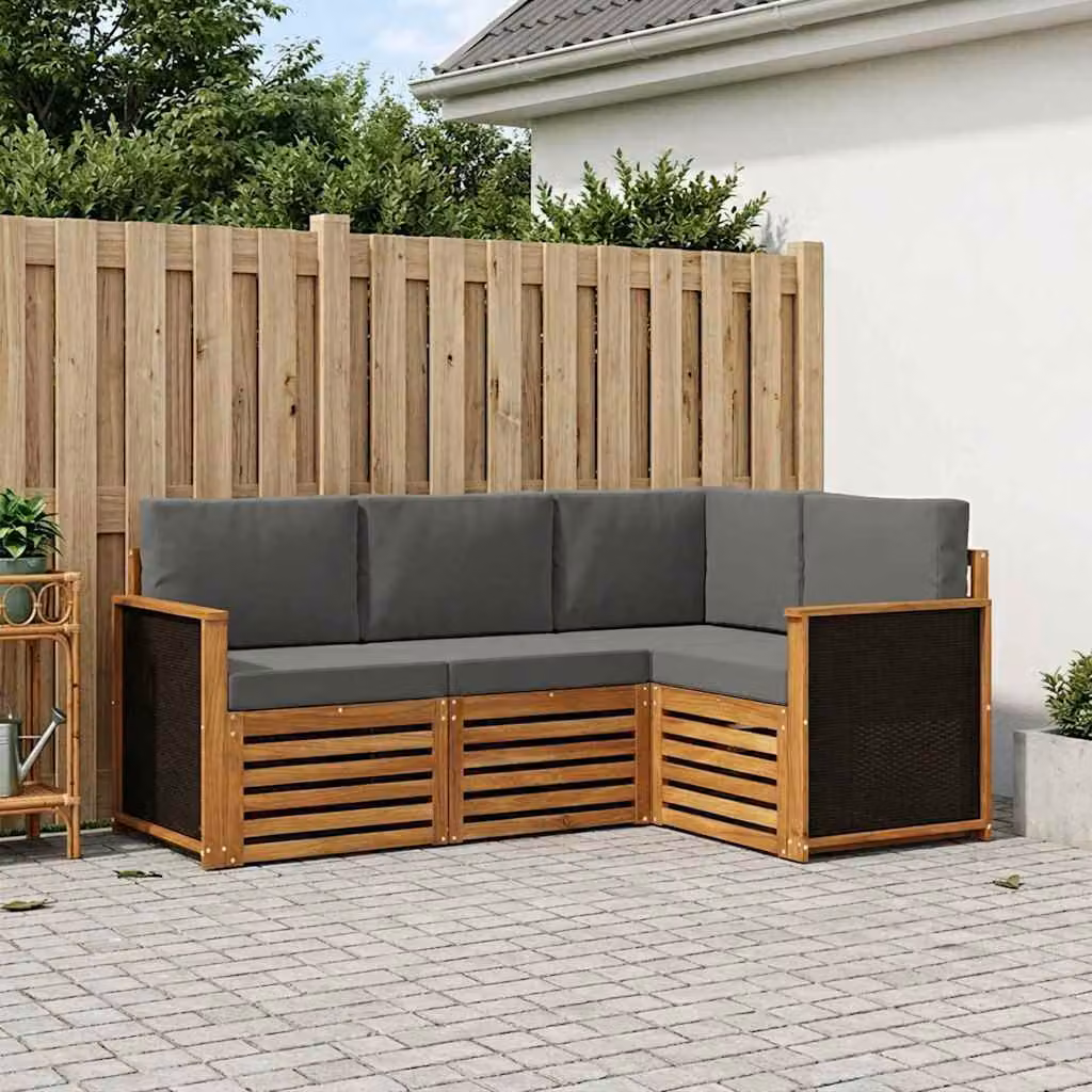 Set di divani da esterno a L vidaXL in legno di acacia con cuscini in poliestere resistente ai raggi UV, colore marrone e grigio