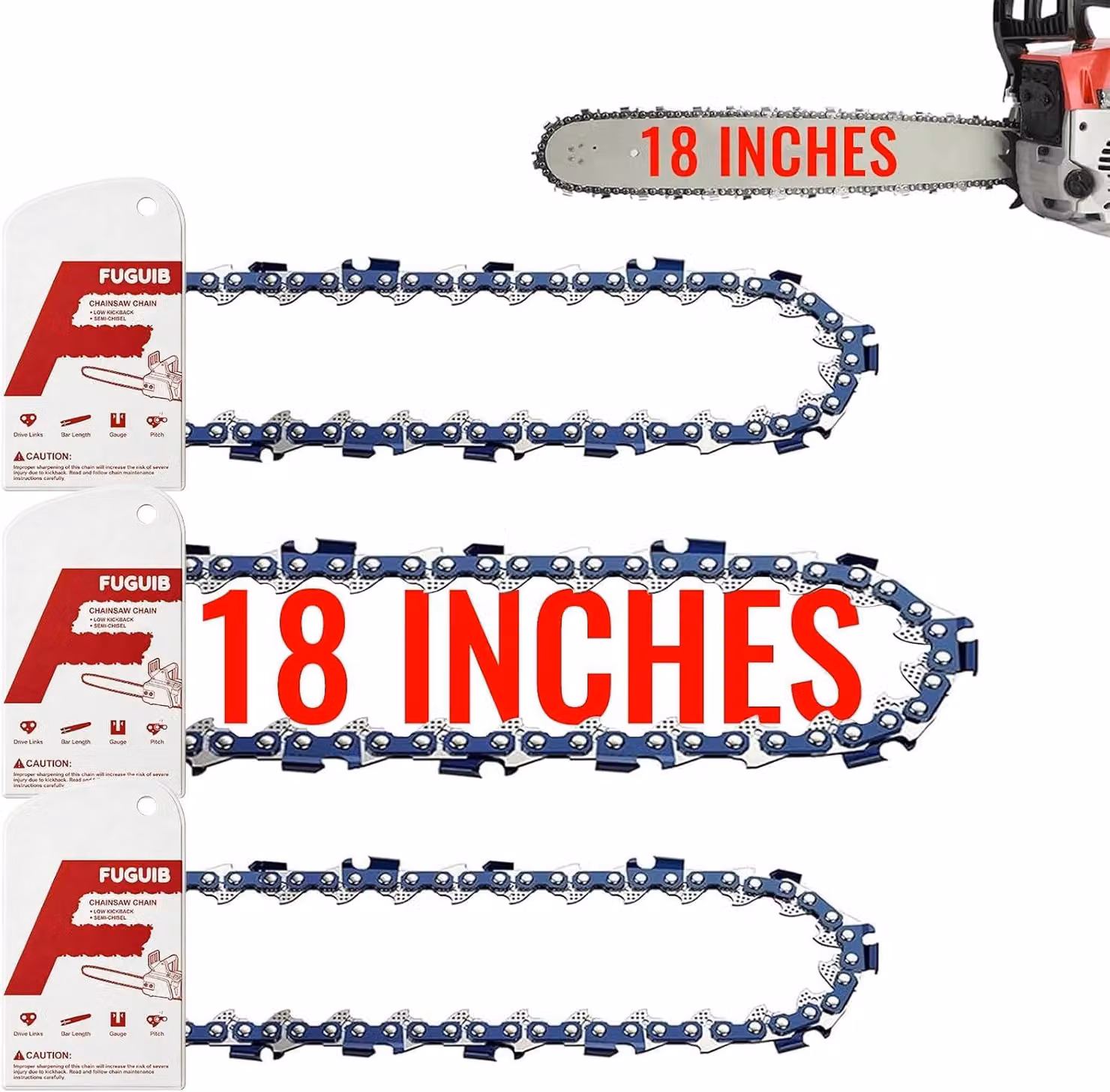 Catene per motosega, confezione da 3 pezzi, 18 pollici, passo 3/8 pollici LP, 62 maglie, 45 cm, catene di ricambio per motoseghe