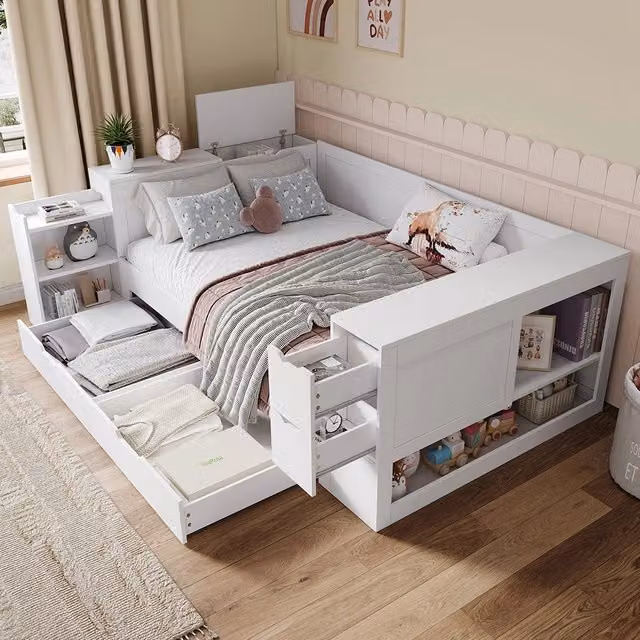 Letto-Xylo-140x200 cm-con cassetti, scrivania, comodini, bianco