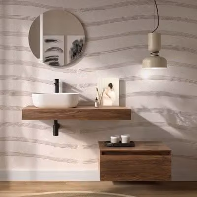 Composizione bagno Sumo in noce maya con mensolone da 120 cm e cassettiera sospesa da 80 cm
