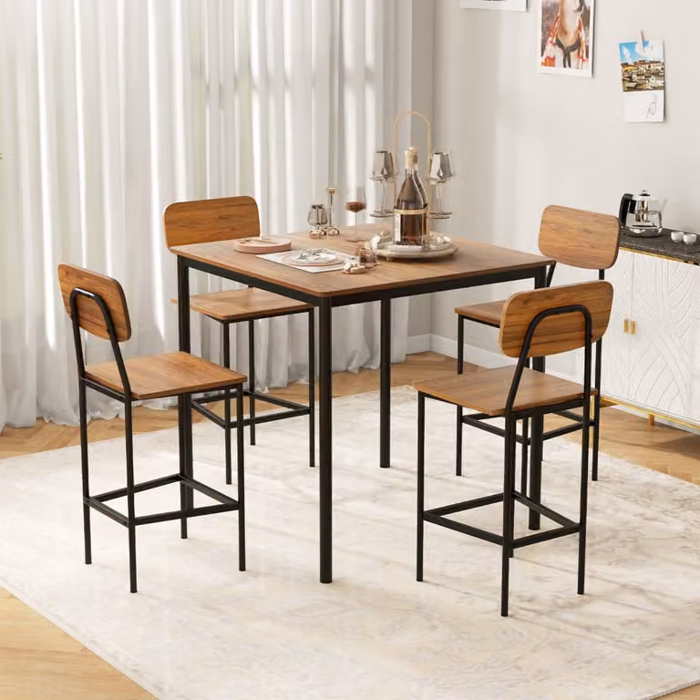 Set da pranzo Costway composto da tavolo quadrato e 4 sgabelli con poggiapiedi in stile industriale, colore marrone scuro