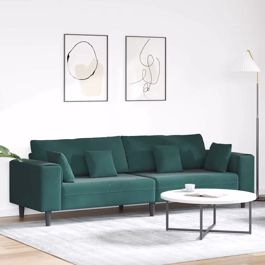 Divano moderno vidaXL in velluto verde scuro con cuscini, L: 250 cm, P: 77 cm, H: 76 cm