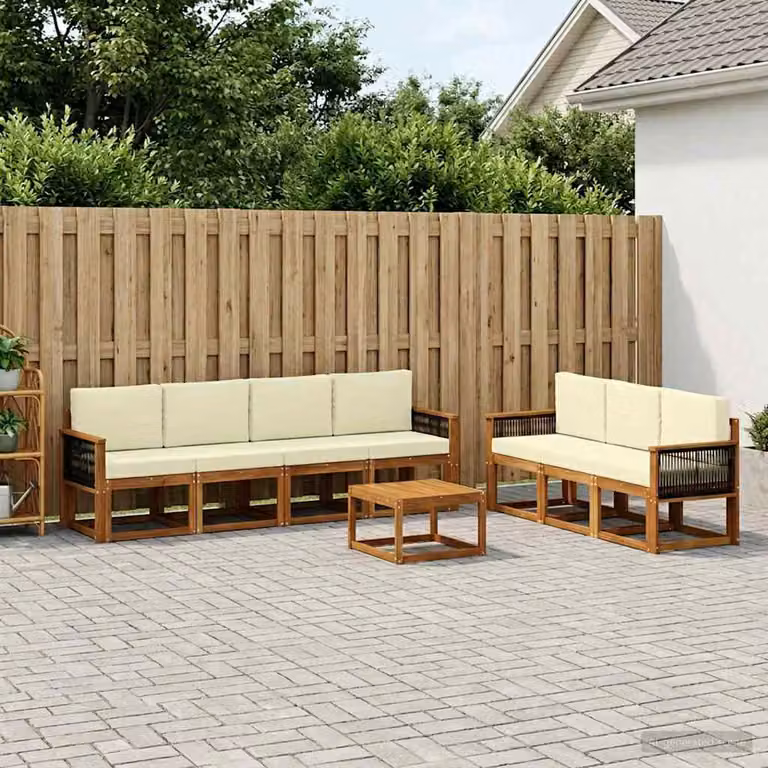 Set di divani da esterno vidaXL 7 pz in legno di acacia con cuscini beige e bianco