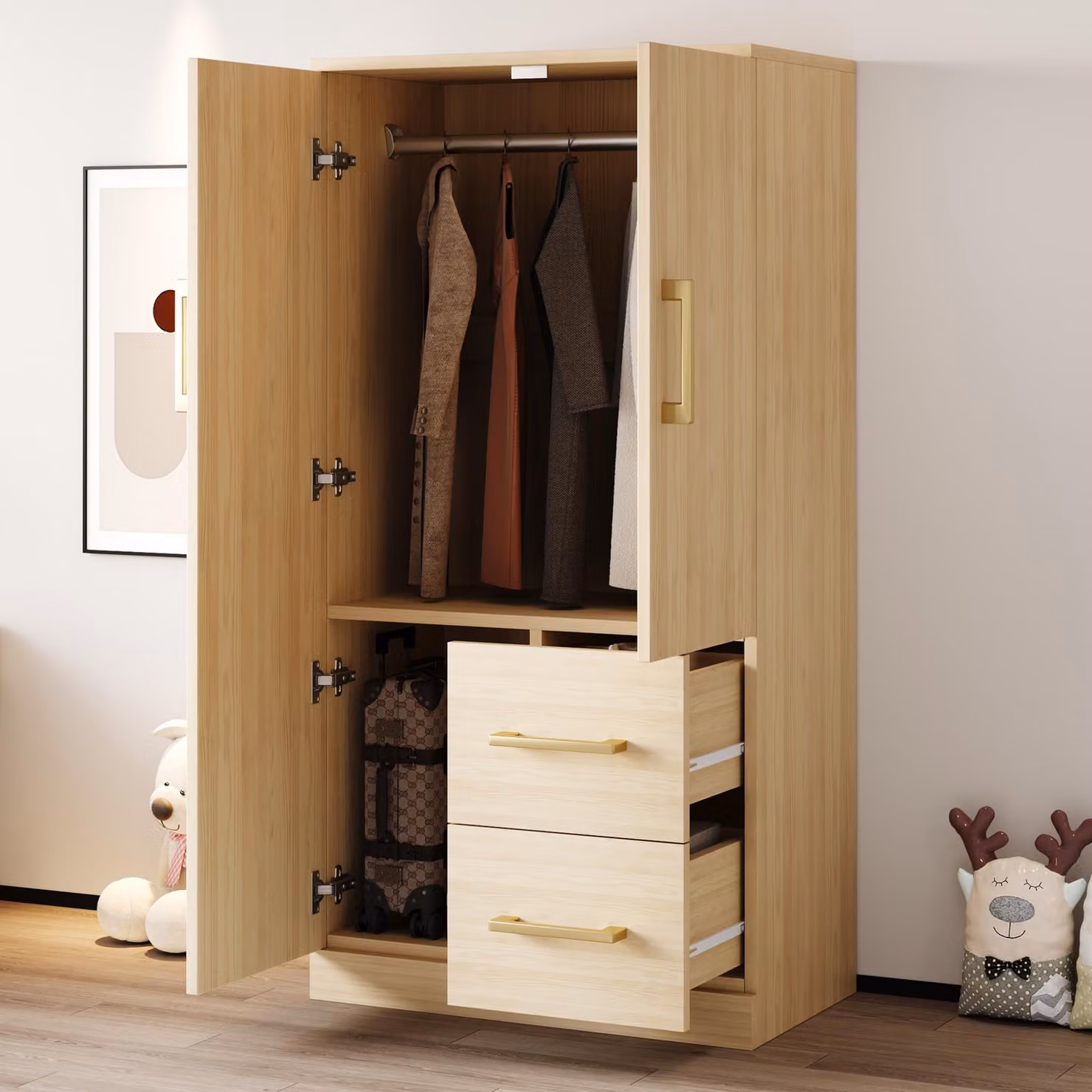 STILVORA Armadio  Armadio per bambini con design a doppia anta, cassetti e scomparti  Armadio contenitivo per camera da letto e cameretta dei bambini, finitura in legno