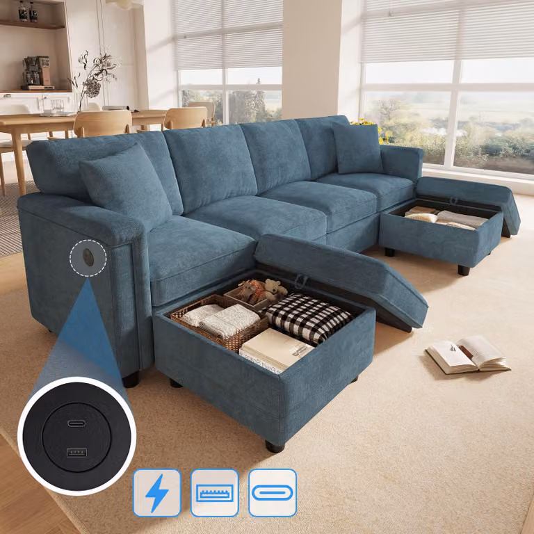 Divano angolare modulare Merax, divano a 4 posti con poggiapiedi contenitori, trasformabile in forma a L o a U, rivestito in velluto, con porta USB e connettore Type-C, dimensioni 261×134×82 cm, colore blu