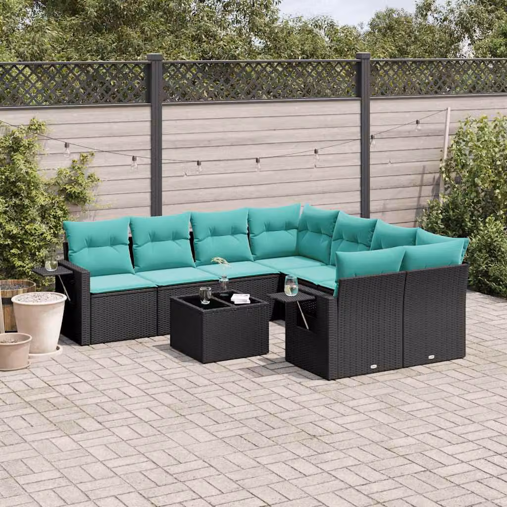 Set Divano da Giardino a L vidaXL 9 pz in Polyrattan con Cuscini e Tavolino da Esterno Nero