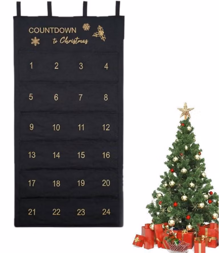 Calendario dell'Avvento con 24 sacchetti in tessuto da appendere, riutilizzabili, colore nero