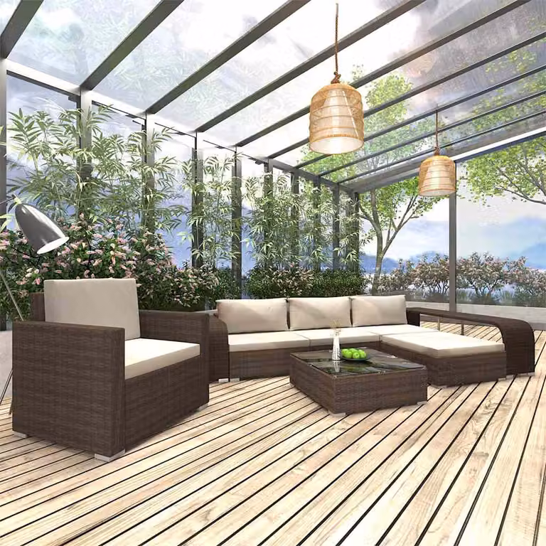 Set Divani da Giardino L Shape vidaXL 8 pz in Polyrattan Marrone e Bianco con Cuscini e Tavolino