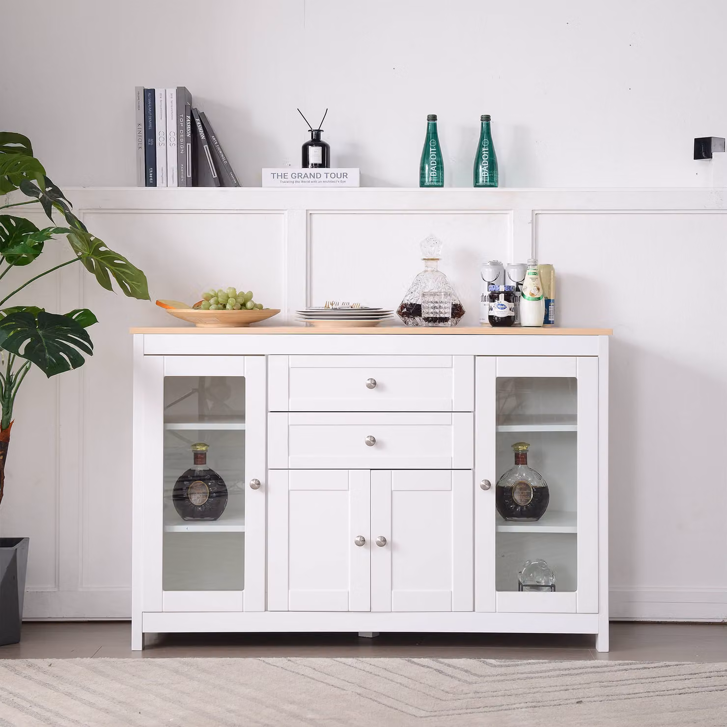 Cassettiera bianca lucida con cassetto Credenza con anta con inserto in vetro due cassetti Soggiorno Sala da pranzo