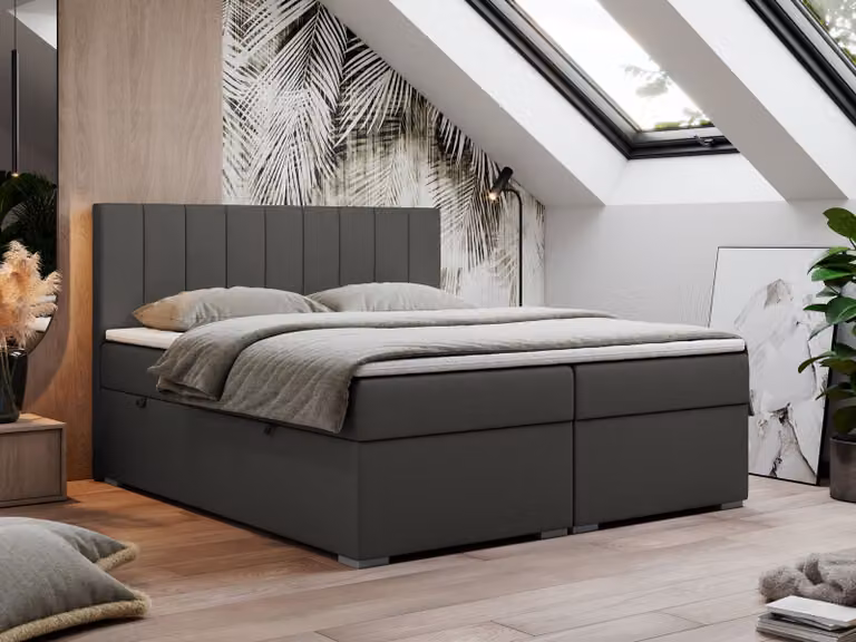 Letto boxspring 200x200, letto 200x200 con materasso e coprimaterasso, letto boxspring con cassetti, letto matrimoniale - LOPE - 200x200 - Grigio scuro - Pelle finta - H4