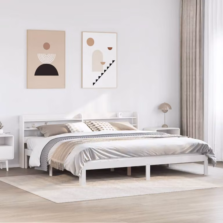 vidaXL Giroletto in legno di pino con testiera e ripiani laterali Bianco 200x200 cm