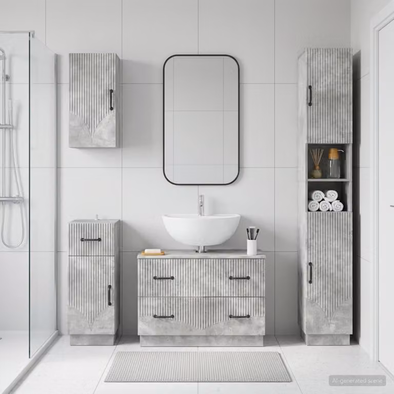 Set di mobili da bagno moderno vidaXL HOORN composto da 4 pezzi in colore grigio cemento con mobile sottolavabo e pensili a parete