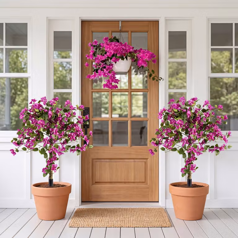 Set di 2 bouganville artificiali rosa Costway con picchetto, alberi decorativi realisti per interni ed esterni, Altezza: 110,5 cm