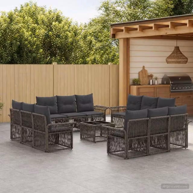 Set Divano da Giardino vidaXL a forma a U in Polyrattan Grigio con Tavolino e Cuscini – 1